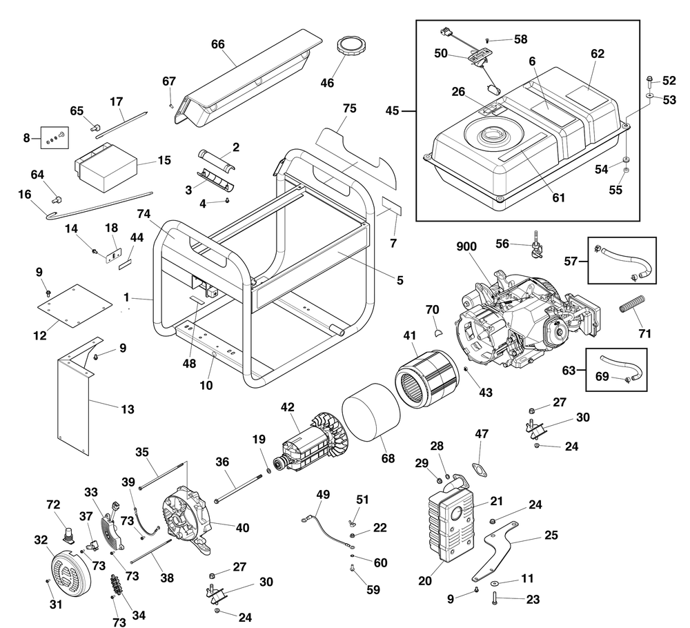 Main Unit Diagram and Parts List for 030742-00  Briggs and Stratton Generator
